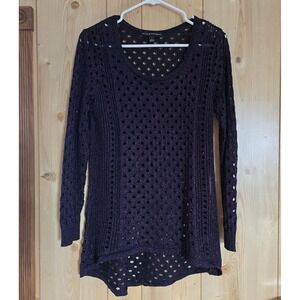 Rock & Republic L Open Knit Sweater Black Purple Shimmer Metallic Biker Top‎